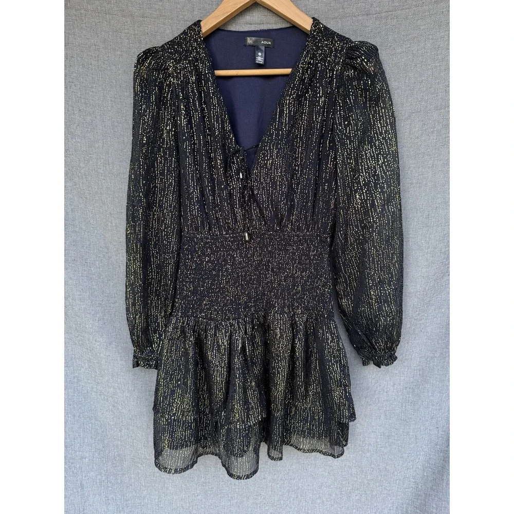 Aqua Metallic Puff Sleeve Mini Dress Small Navy Blue Gold Dot NYE Smocked - Picture 1 of 8